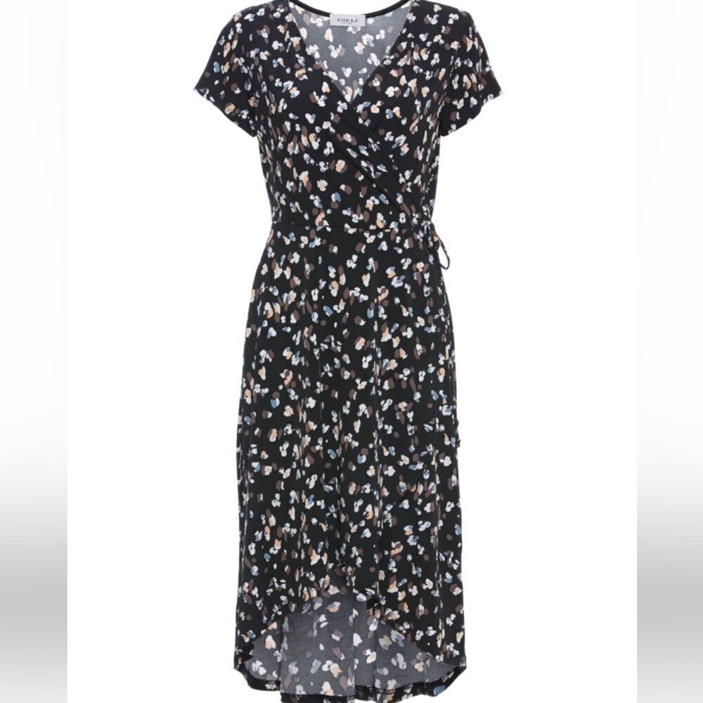 GILLI FAUX WRAP SHORT SLEEVE DRESS BLACK MULTI XS NWT